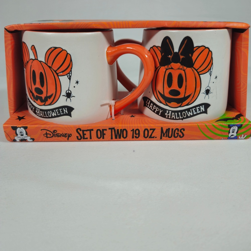 DISNEY Halloween Mug Set Mickey Minnie Pumpkin Design 19oz Ceramic Lot of 2